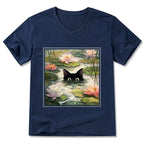 Japanese black cat lotus t-shirt free shipping