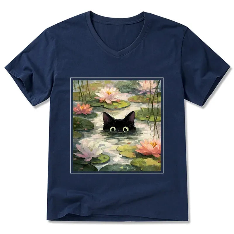 Japanese black cat lotus t-shirt free shipping