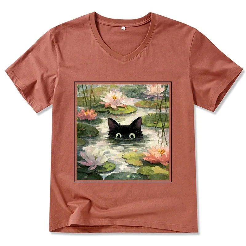 Japanese black cat lotus t-shirt free shipping