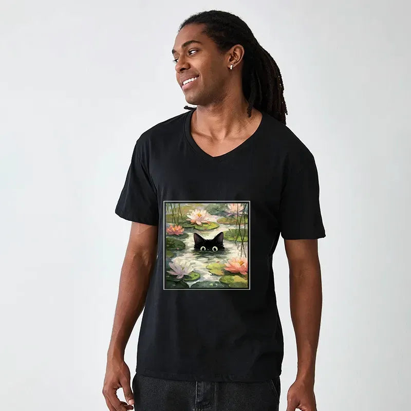Kyoto-Lion Black Cat and Lotus Flower V-Neck Classic T-Shirt