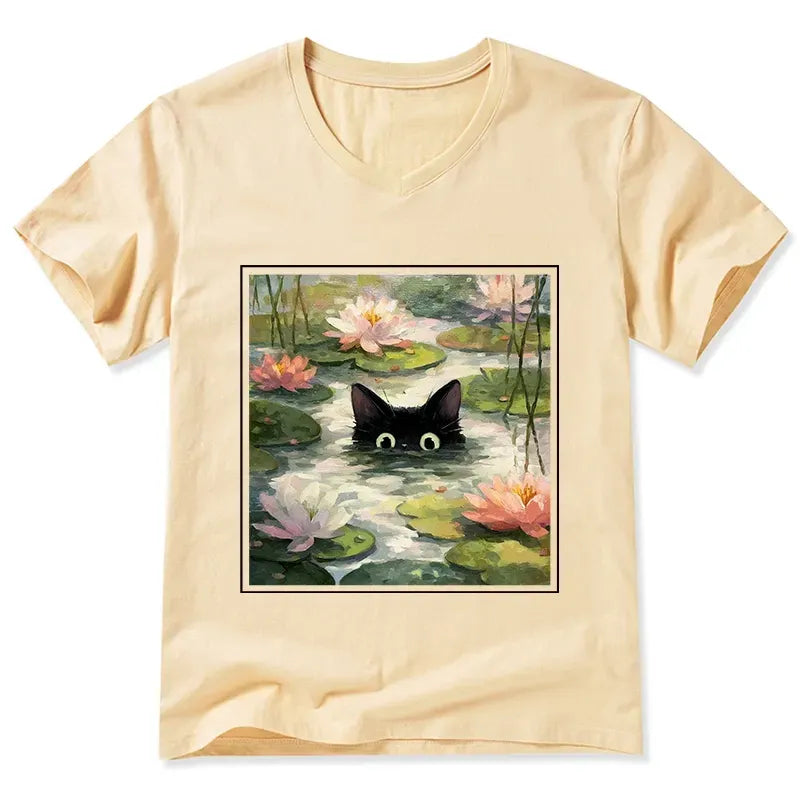 lotus flower black cat casual shirt on sale