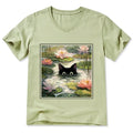 Japanese black cat lotus t-shirt free shipping
