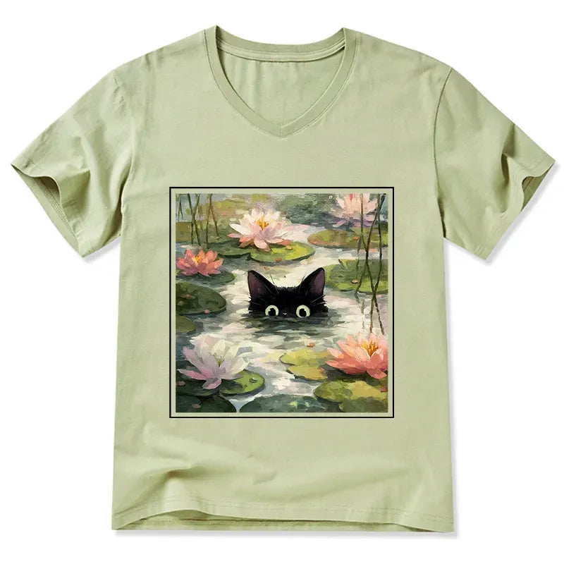 Japanese black cat lotus t-shirt free shipping