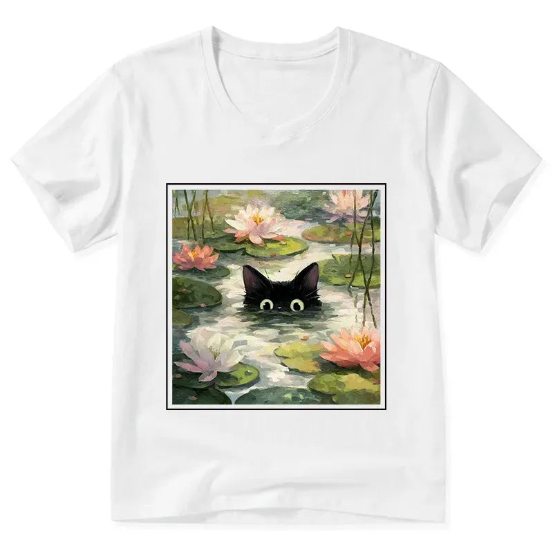 lotus flower black cat casual shirt on sale