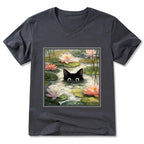 Kyoto-Lion Black Cat and Lotus Flower V-Neck Classic T-Shirt