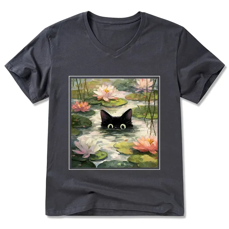 Kyoto-Lion Black Cat and Lotus Flower V-Neck Classic T-Shirt