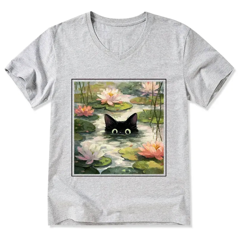 Kyoto-Lion Black Cat and Lotus Flower V-Neck Classic T-Shirt