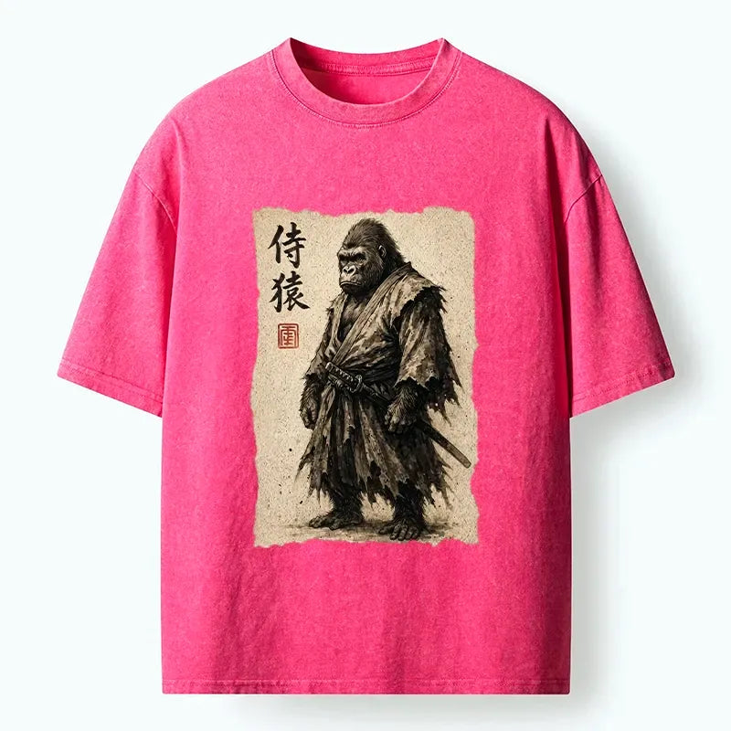 Kyoto-Lion Samurai Gorilla Vintage Scroll Art Washed T-Shirt