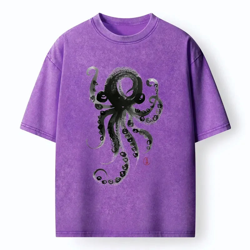 Kyoto-Lion Japanese Ink Octopus Art Washed T-Shirt