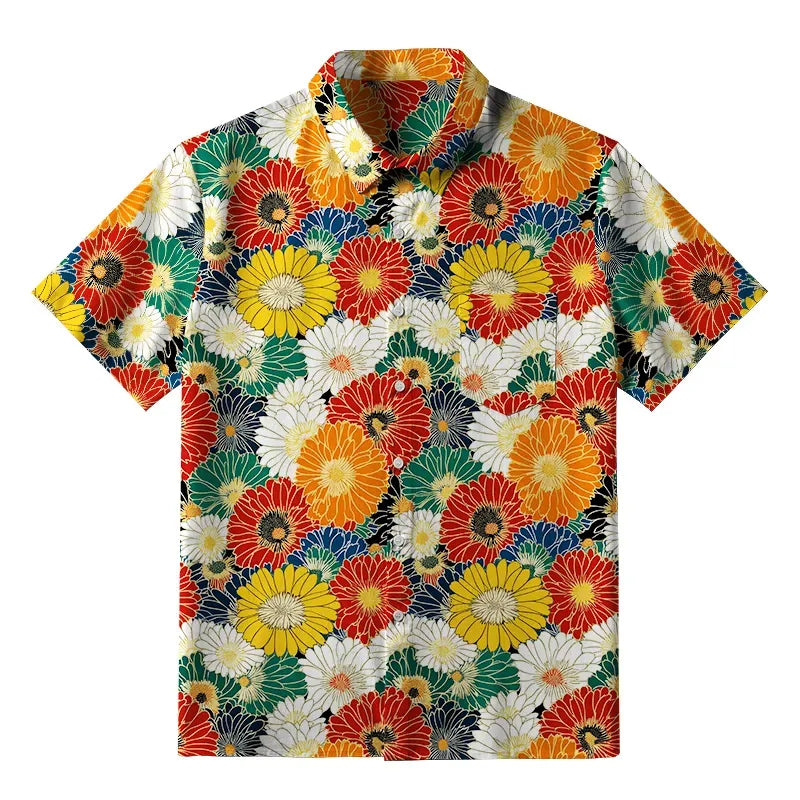 Kyoto-Lion Colorful Chrysanthemums Button-up Shirt