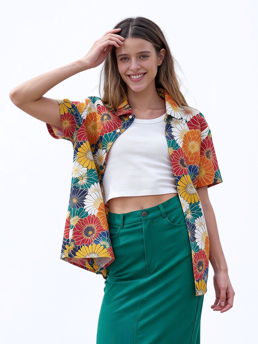 Japanese chrysanthemum button-up shirt for men