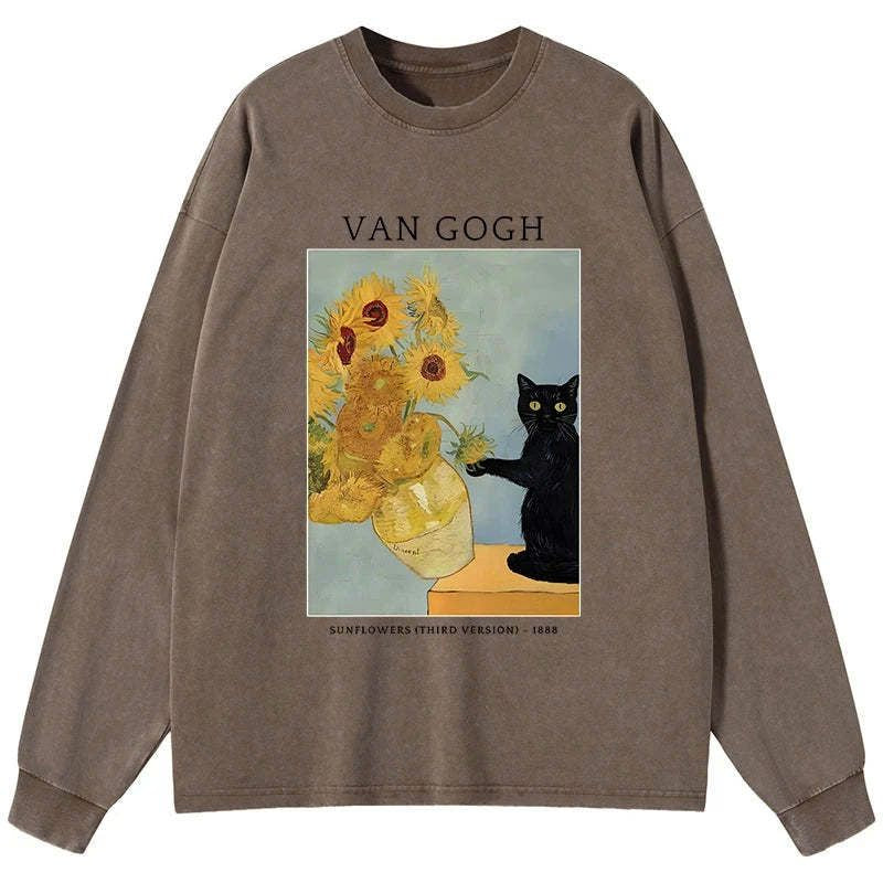Kyoto-Lion Black Cat With Sunflowers Washed Long Sleeve T-Shirt