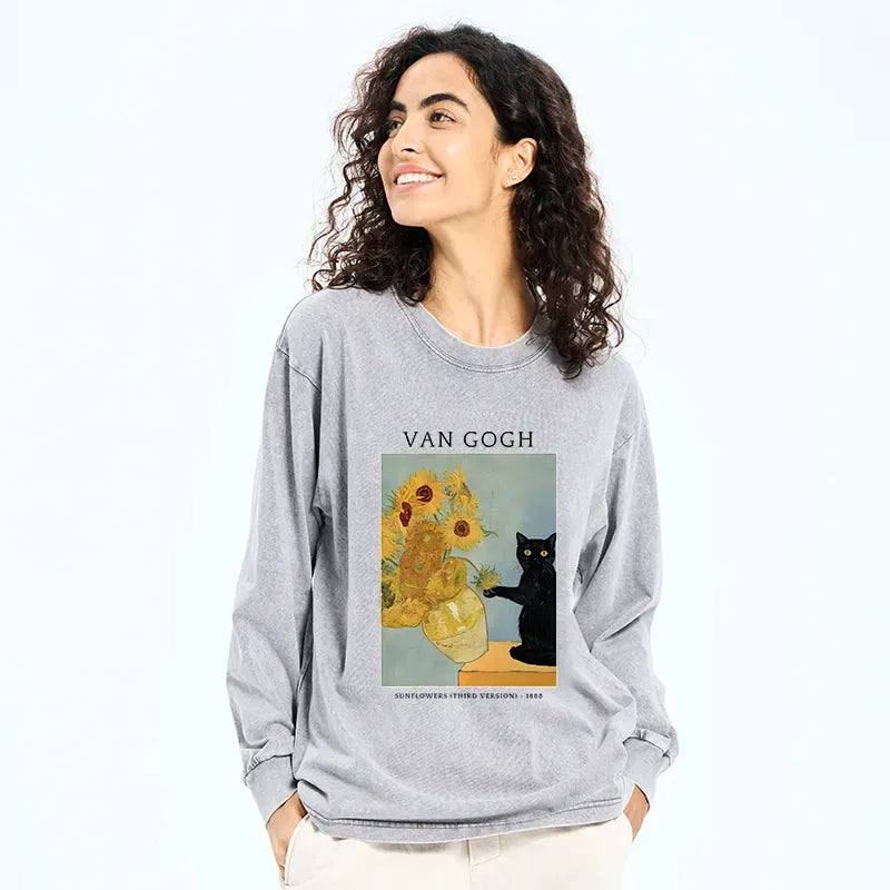 Kyoto-Lion Black Cat With Sunflowers Washed Long Sleeve T-Shirt
