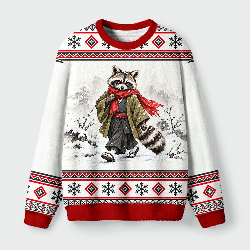 Kyoto-Lion Winter Raccoon Samurai Christmas Ugly Sweatshirt