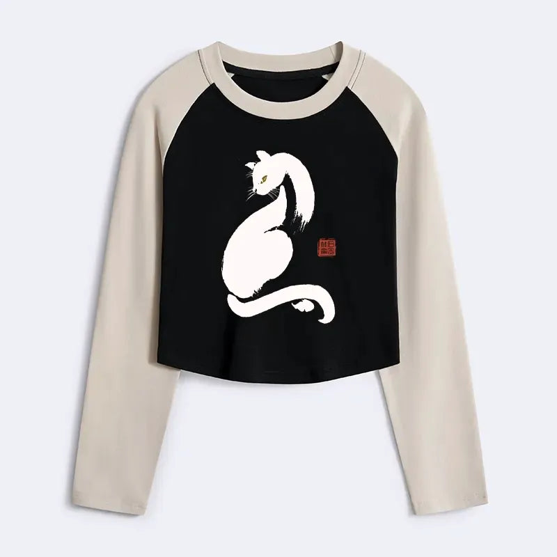 Japanese Black Cat Crop T-Shirt