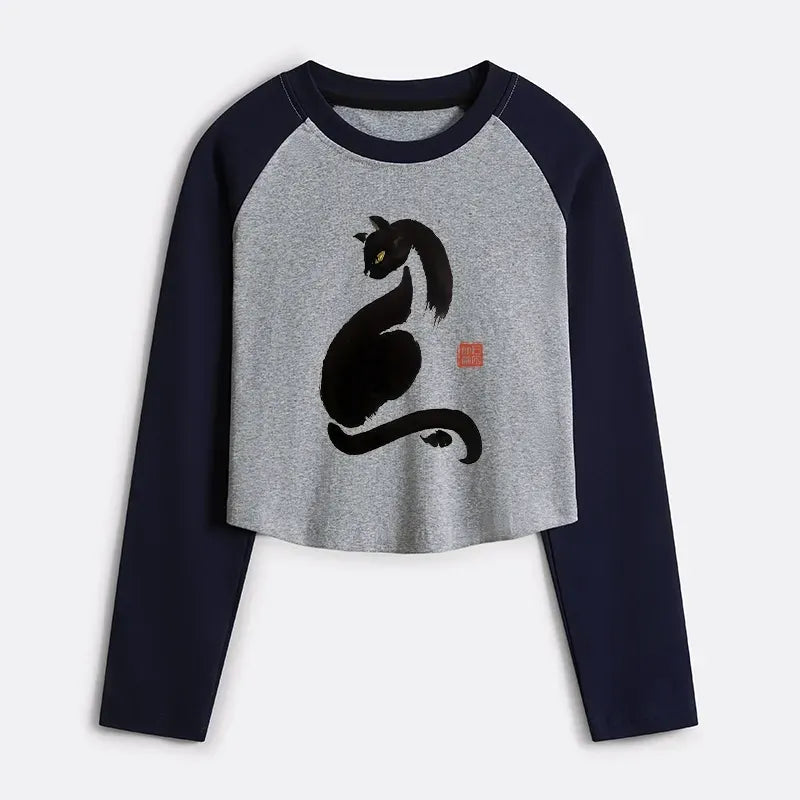 Japanese Black Cat Crop T-Shirt