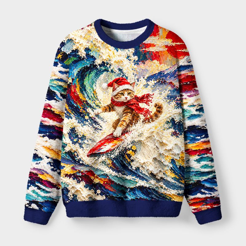 Kyoto-Lion Wave Surf Cat Fuzzy Christmas Ugly Sweatshirt