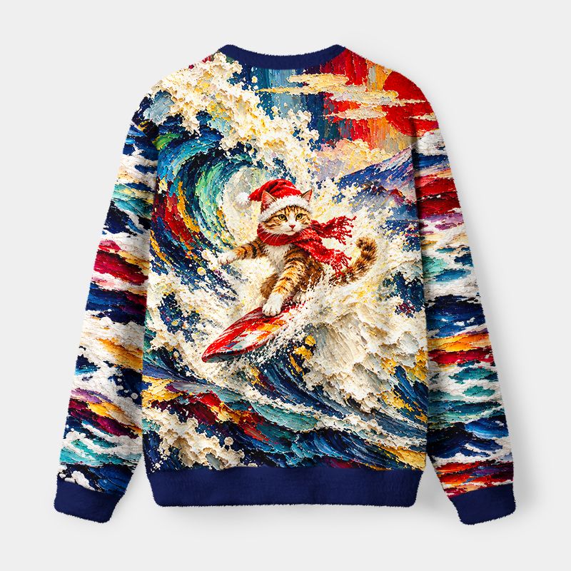 Kyoto-Lion Wave Surf Cat Fuzzy Christmas Ugly Sweatshirt