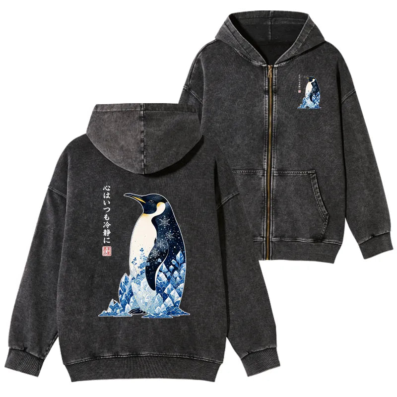 Kyoto-Lion Keep Calm Penguin Washed Zip Hoodie