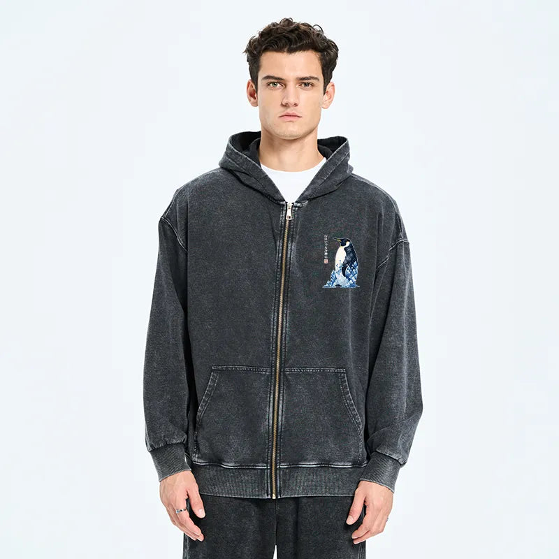 Kyoto-Lion Keep Calm Penguin Washed Zip Hoodie