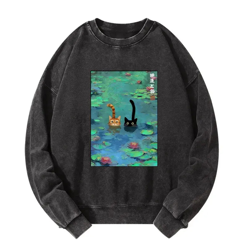 Japanese Washed Cat Sweatshirt for Streetwear