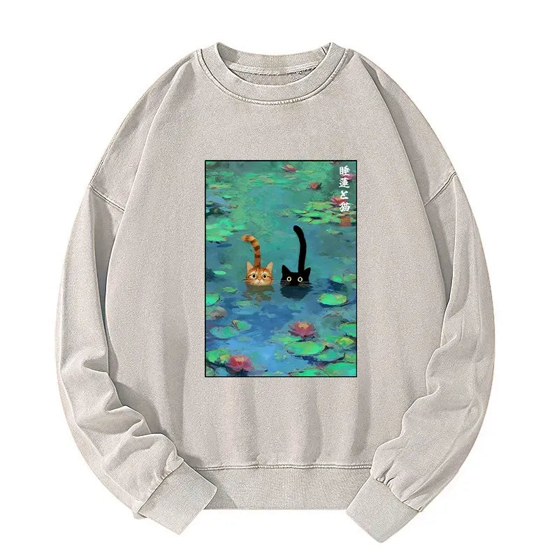 Japanese Washed Cat Sweatshirt for Streetwear