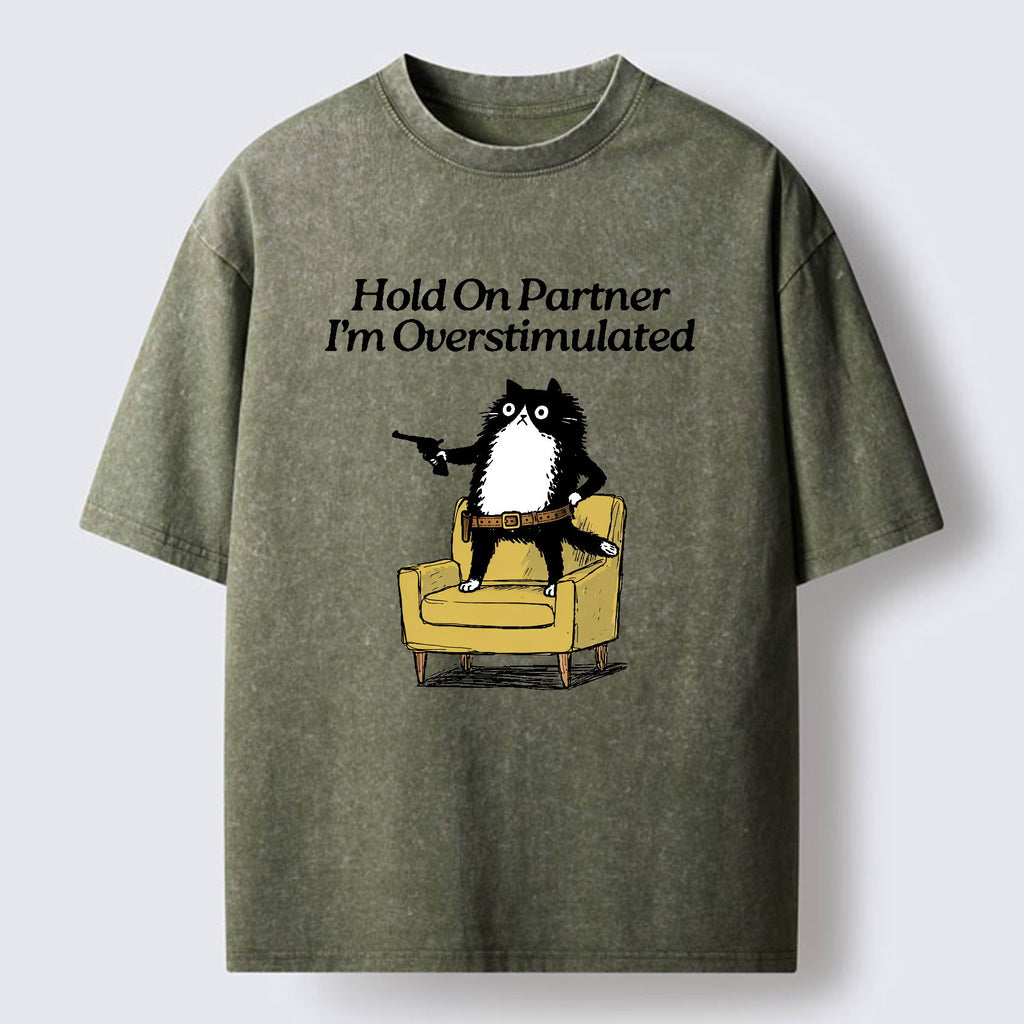 Overstimulated cat washed t-shirt on sale