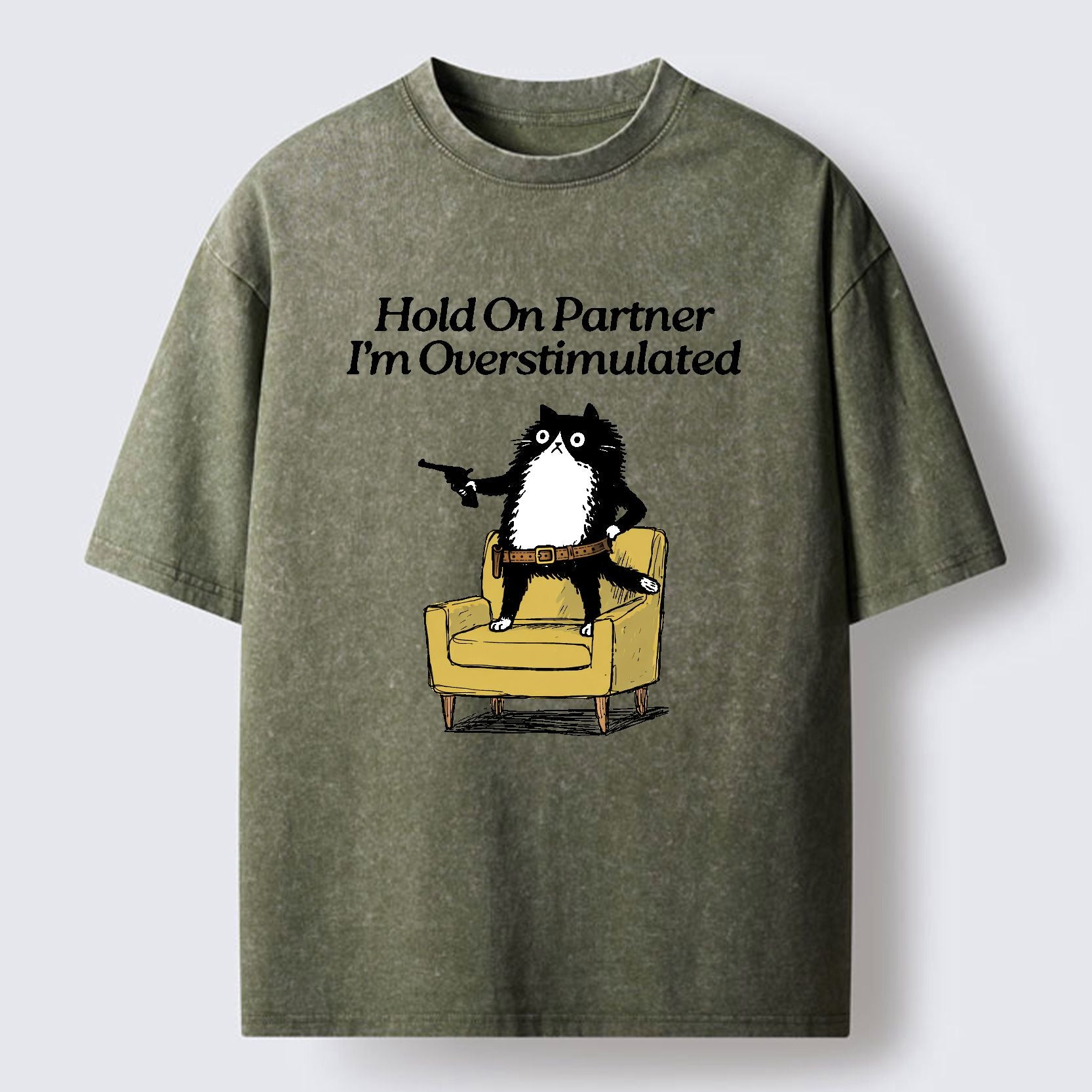 Overstimulated cat washed t-shirt on sale
