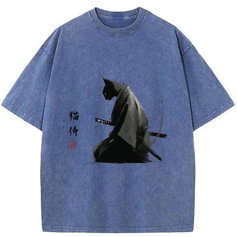Kyoto-Lion Kneeling Cat Samurai Washed T-Shirt