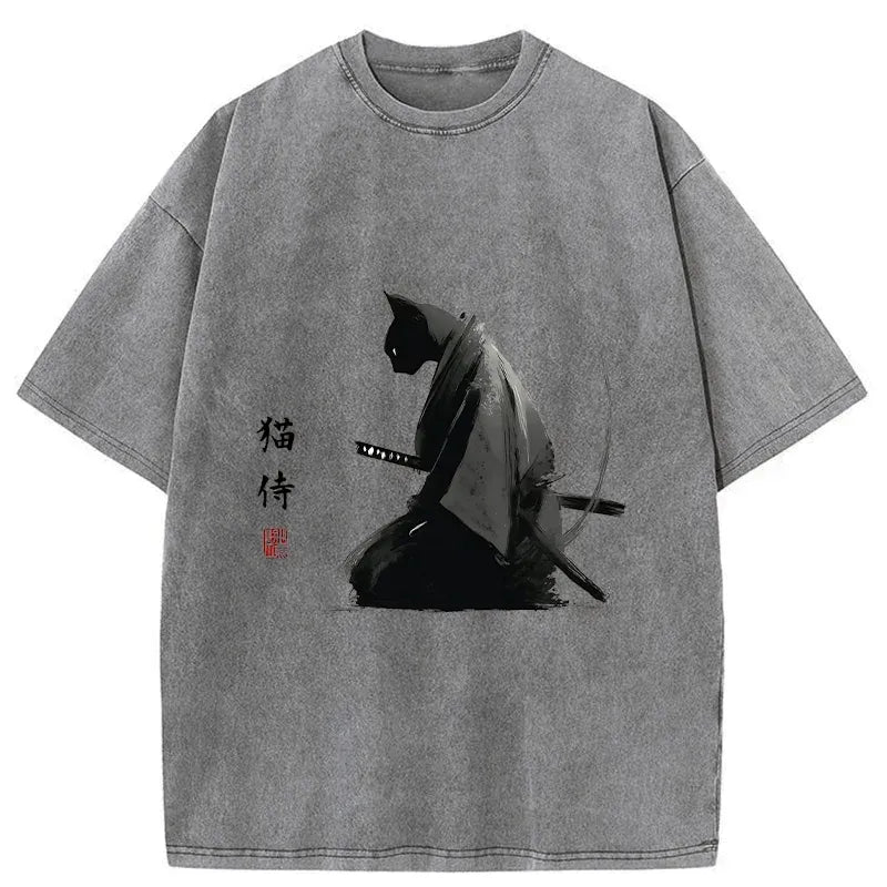 Washed Vintage Cat Samurai Tee for Daily Wear