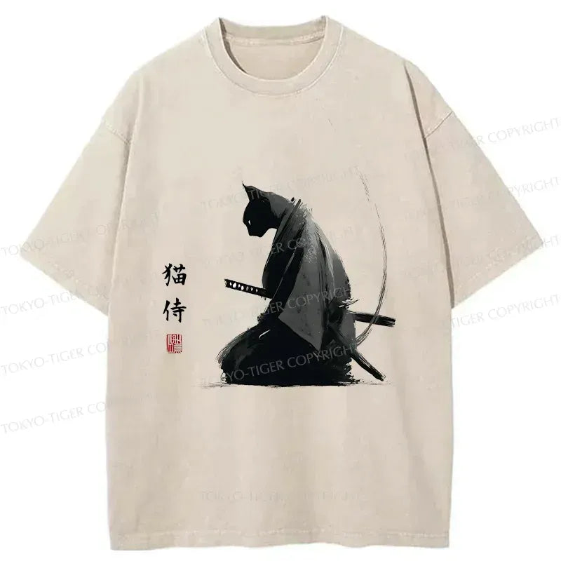 Washed Vintage Cat Samurai Tee for Daily Wear