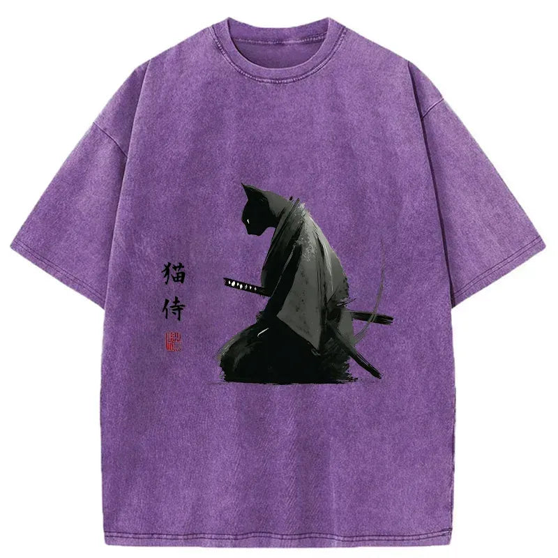 Washed Vintage Cat Samurai Tee for Daily Wear