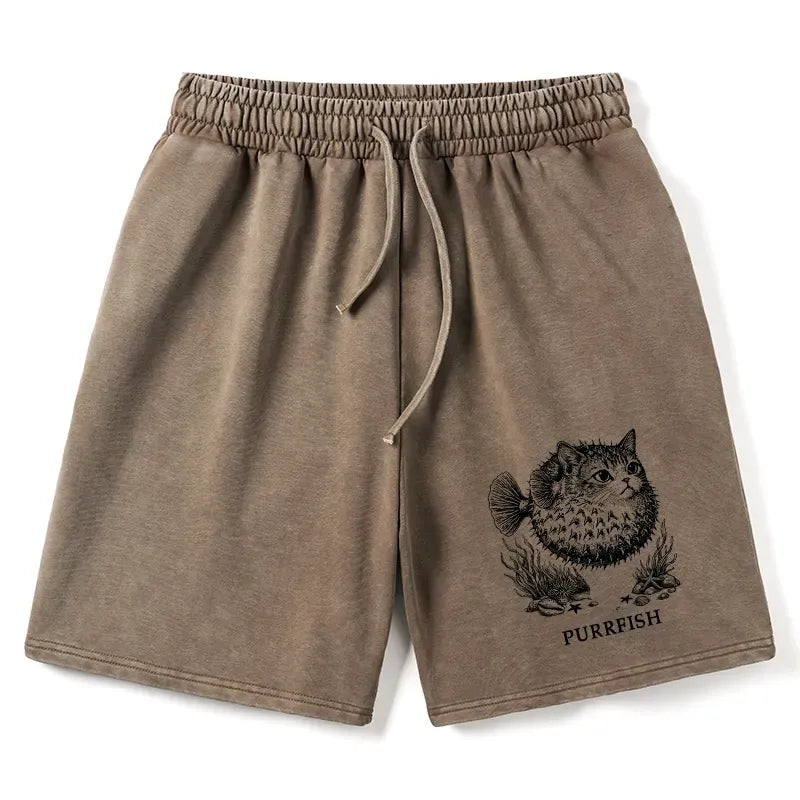 Kyoto-Lion Spiky Puffer With Cute Cat Head Washed Shorts