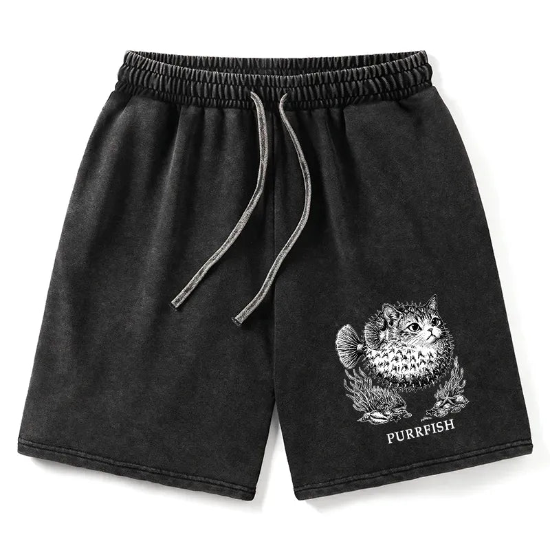 cute cat head washed shorts on sale