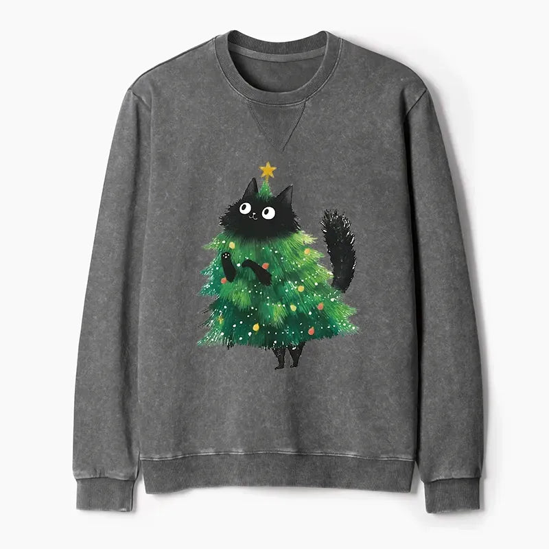 Kyoto-Lion Christmas Tree Cat Japan Washed Terry Sweatshirt