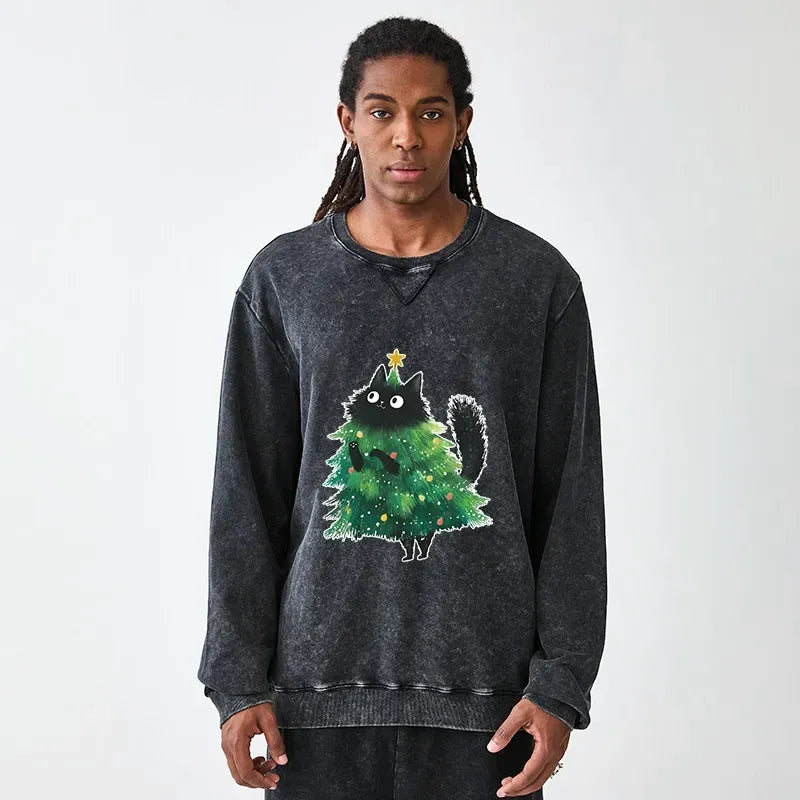 Kyoto-Lion Christmas Tree Cat Japan Washed Terry Sweatshirt