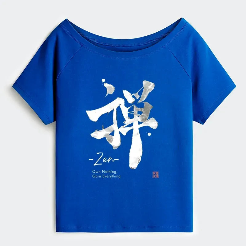 Kyoto-Lion Zen Texts Off Shoulder T-Shirt