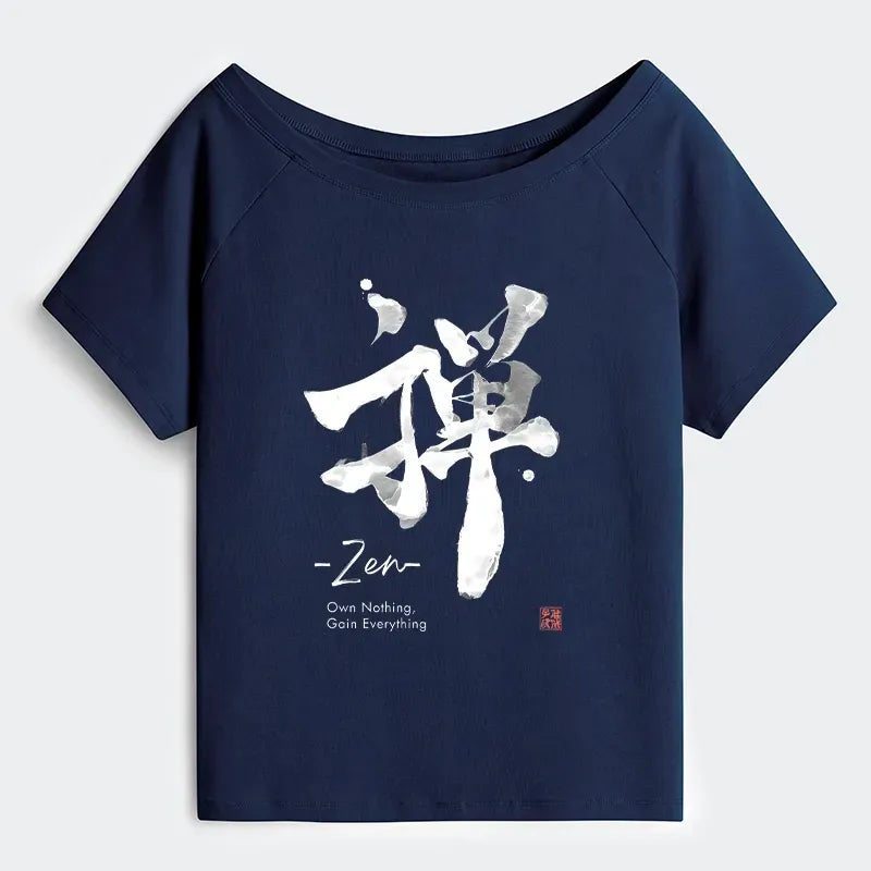 Kyoto-Lion Zen Texts Off Shoulder T-Shirt
