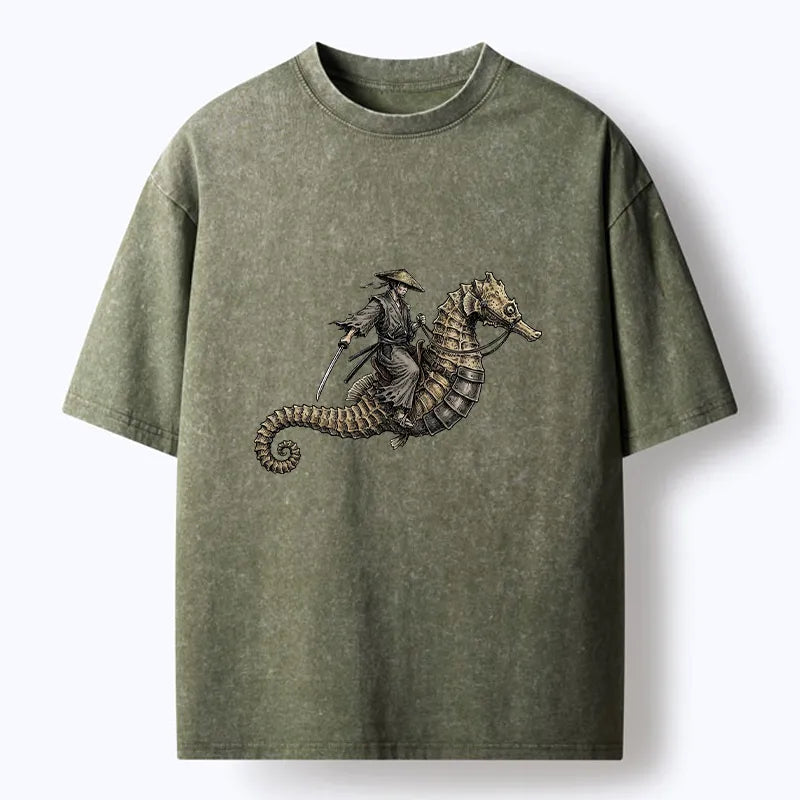 Kyoto-Lion Samurai Riding Seahorse Washed T-Shirt