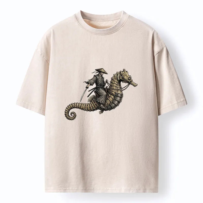 Kyoto-Lion Samurai Riding Seahorse Washed T-Shirt