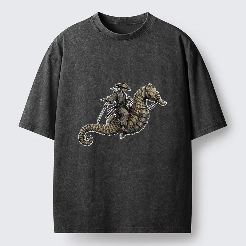 Kyoto-Lion Samurai Riding Seahorse Washed T-Shirt
