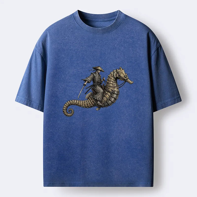 Kyoto-Lion Samurai Riding Seahorse Washed T-Shirt