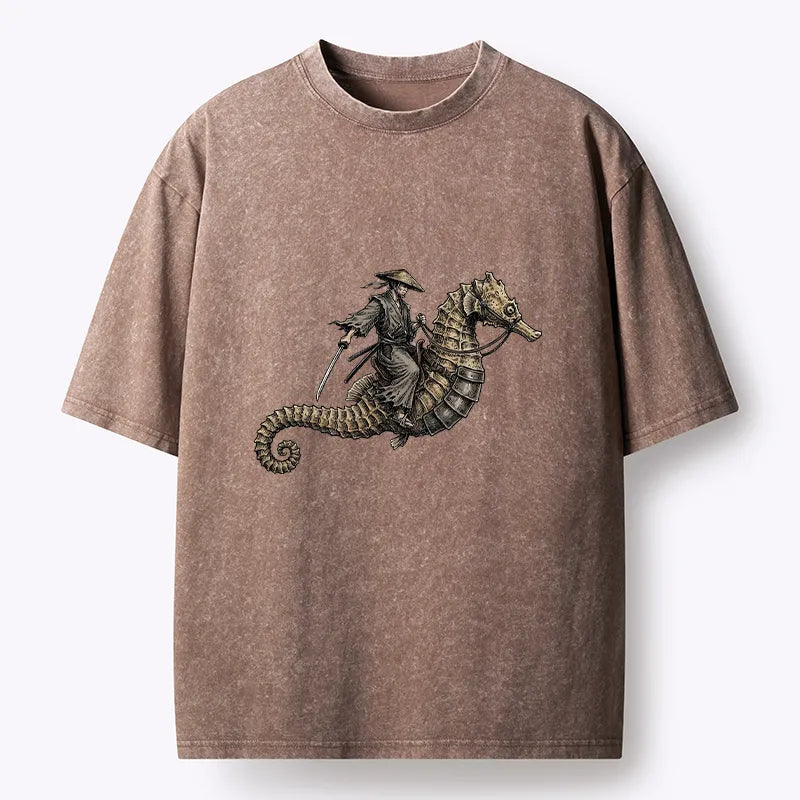 Kyoto-Lion Samurai Riding Seahorse Washed T-Shirt