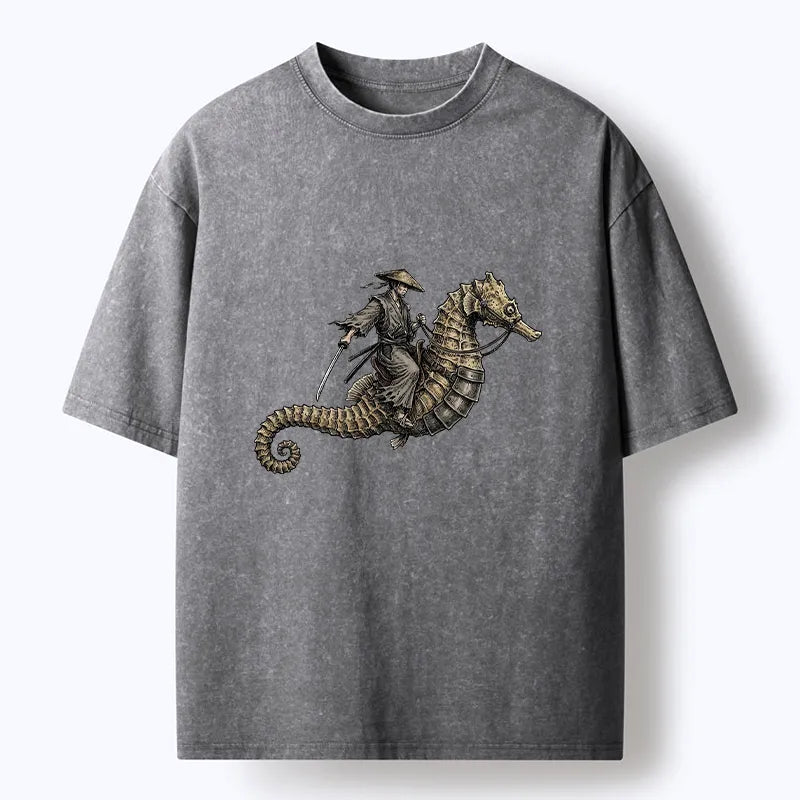 Kyoto-Lion Samurai Riding Seahorse Washed T-Shirt