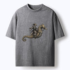 Kyoto-Lion Samurai Riding Seahorse Washed T-Shirt