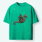 Kyoto-Lion Samurai Riding Seahorse Washed T-Shirt