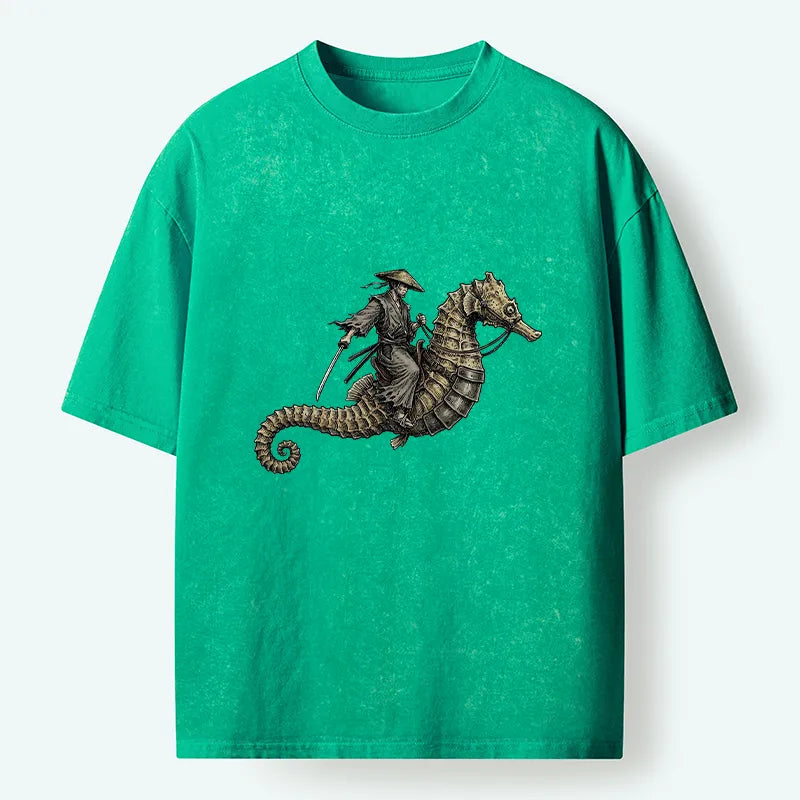 Kyoto-Lion Samurai Riding Seahorse Washed T-Shirt