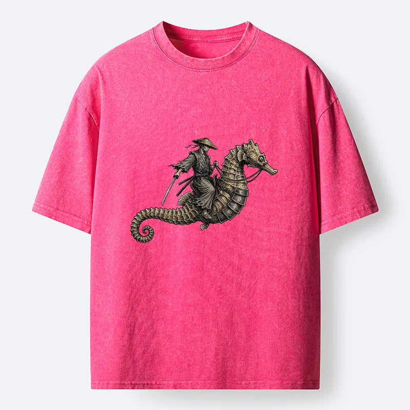 Kyoto-Lion Samurai Riding Seahorse Washed T-Shirt