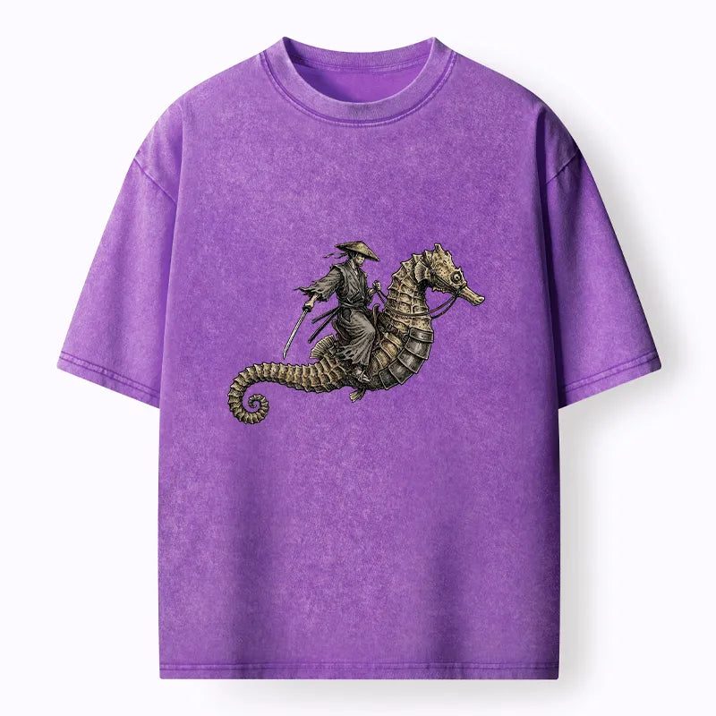 Kyoto-Lion Samurai Riding Seahorse Washed T-Shirt