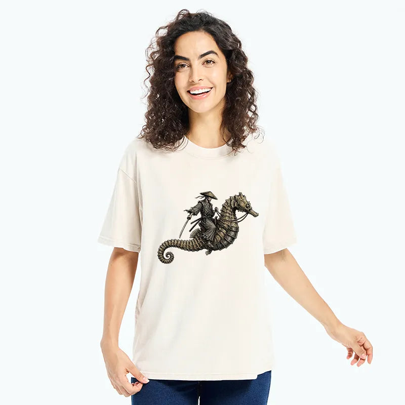 Kyoto-Lion Samurai Riding Seahorse Washed T-Shirt